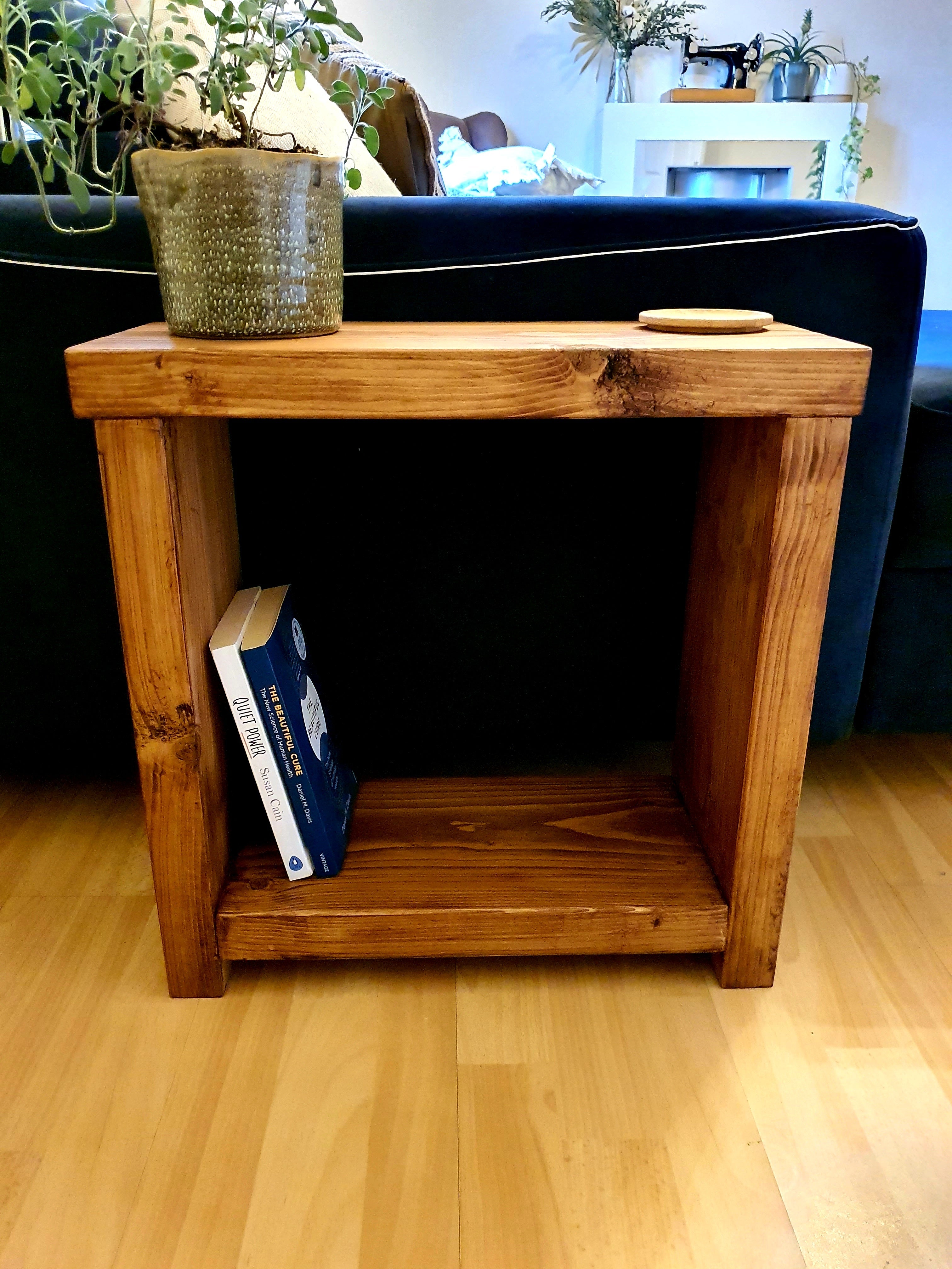 Solid wood rustic coffee table with natural finish wooden side table featuring visible grain and timber legs