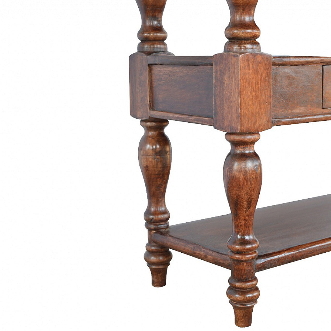 Dark brown solid wood console table with turned legs and lower shelf for stylish hallway or living room storage