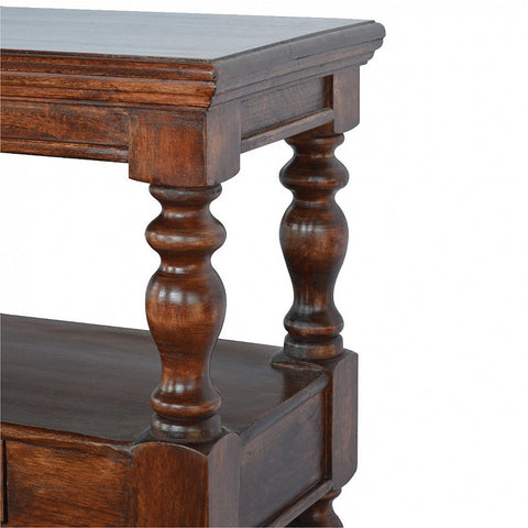 Dark brown solid wood console table with turned legs and distressed finish perfect for entryway or hallway