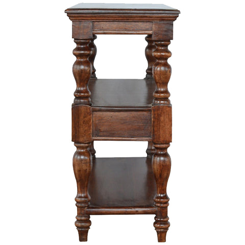 Dark brown solid wood console table with turned legs and central drawer for stylish storage and décor
