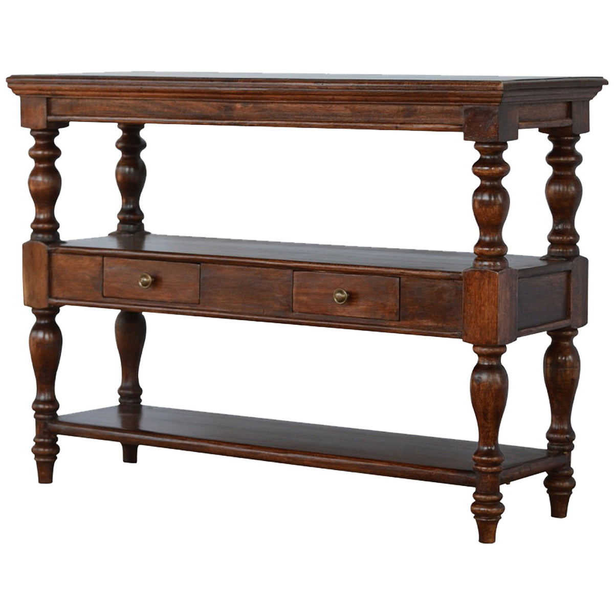 Dark brown solid wood console table with turned legs and two drawers for stylish storage and decor