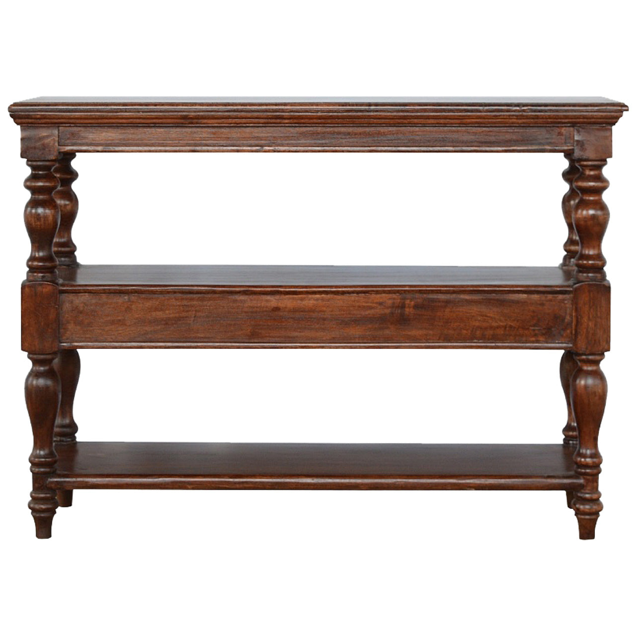 Dark brown solid wood console table with turned legs and three shelves for stylish storage and display
