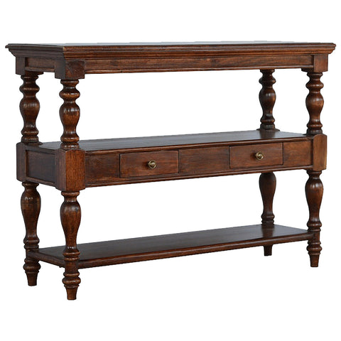 Dark brown solid wood console table with turned legs and two drawers for stylish storage and display