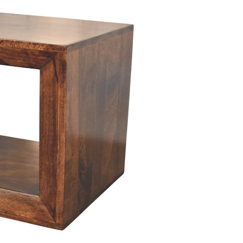 Dark brown solis open california walnut side table with square open shelf wall-mounted accent piece