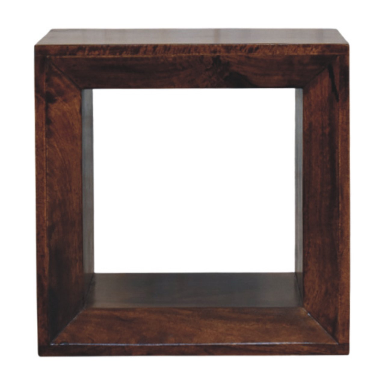 Dark brown california walnut solis open california cube-shaped wall-mounted side table with visible wood grain