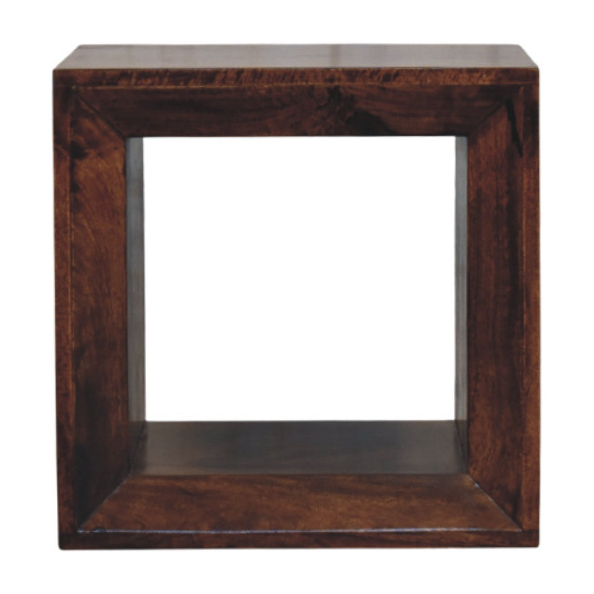 Dark brown california walnut solis open california cube-shaped wall-mounted side table with visible wood grain
