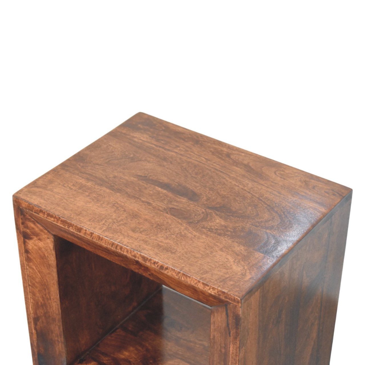 A rustic brown wooden solis open california walnut side table with visible grain and open-front design wall-mounted