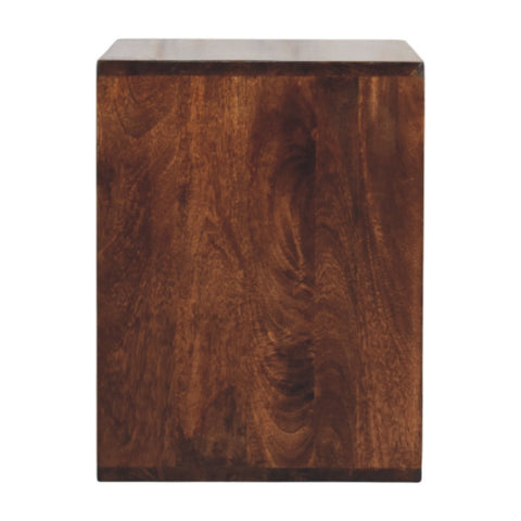 Dark brown california walnut solis open california side table with smooth polished finish and natural wood grain