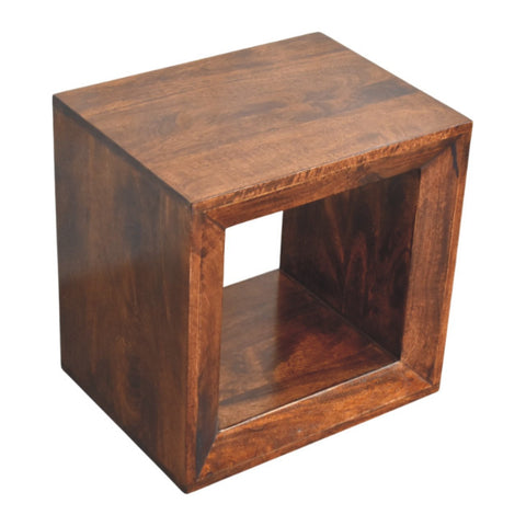 Rustic brown wood solis open california walnut side table with square open center wall-mounted accent piece