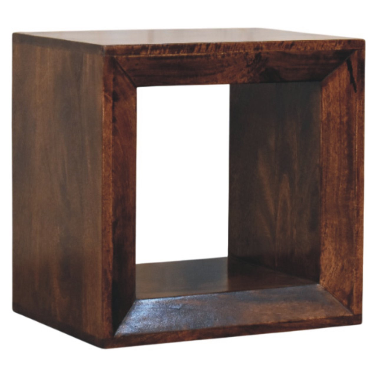 Dark brown california walnut solis open california wooden cube shelf side table with hollow center and visible wood grain