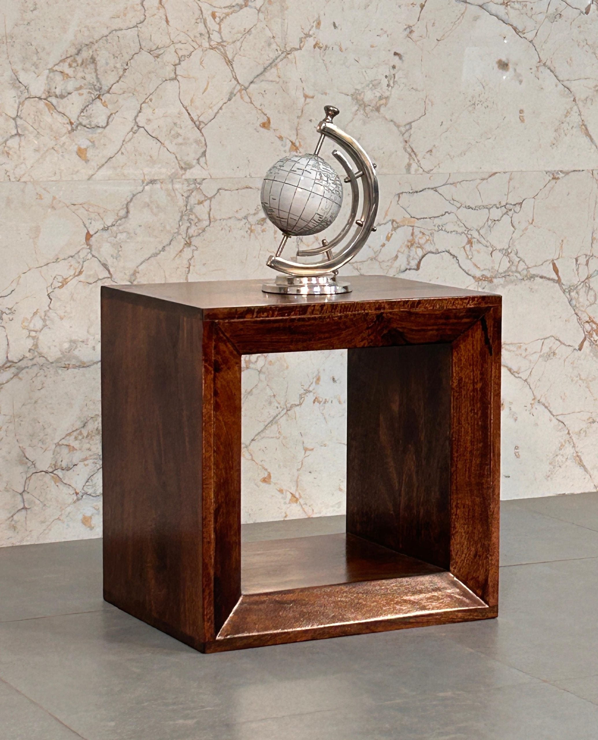 Dark wood solis open california walnut side table with silver globe ornament wall-mounted accent piece