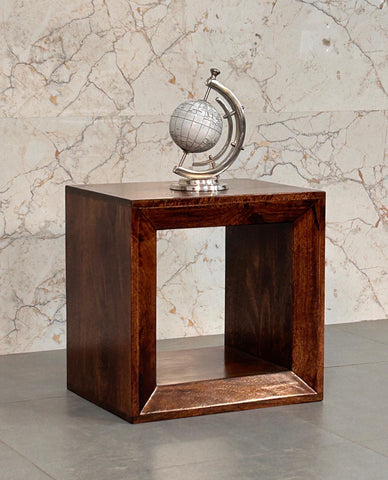 Dark wood solis open california walnut side table with silver globe ornament wall-mounted accent piece