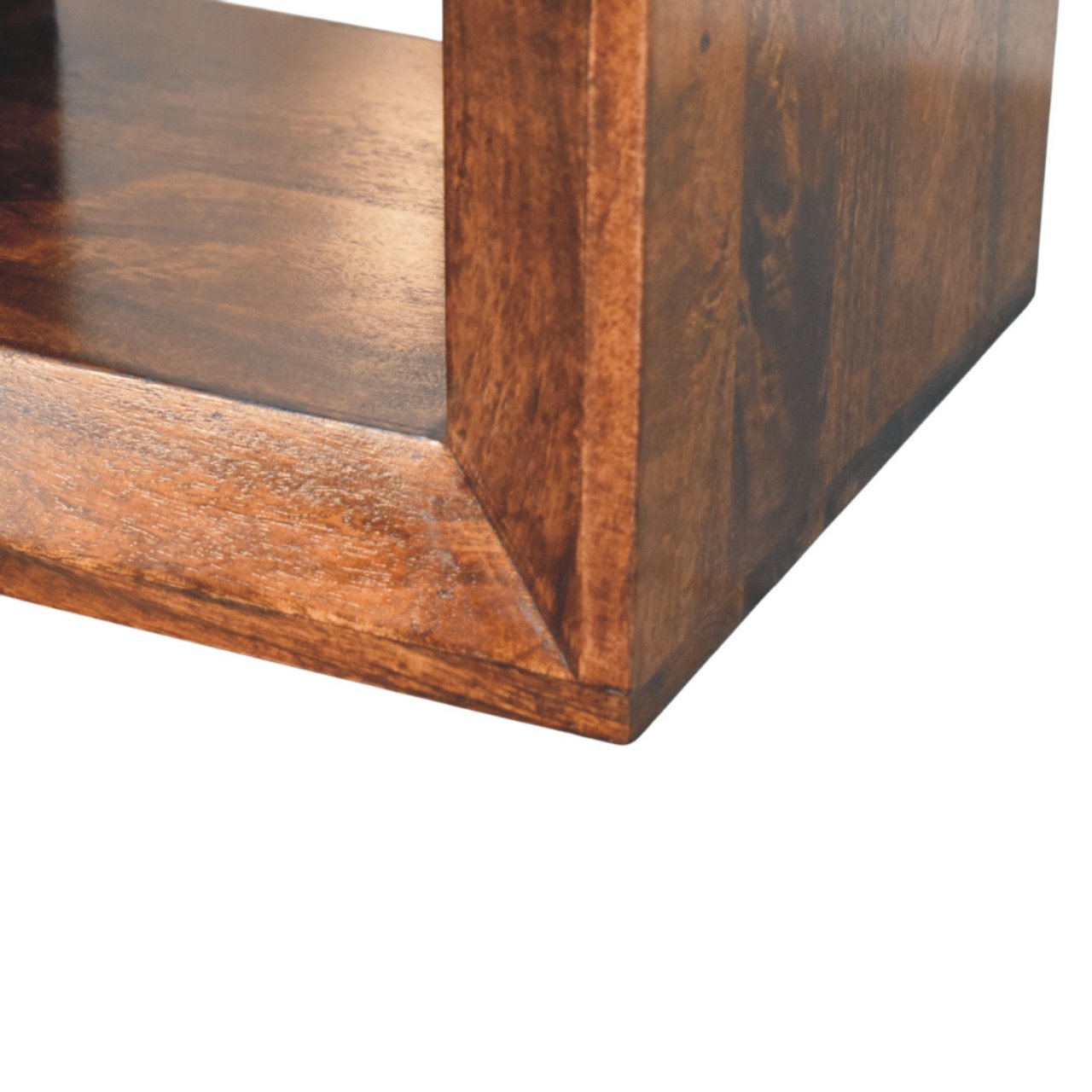 Rich brown wooden solis open california walnut side table with smooth polished finish and visible grain pattern