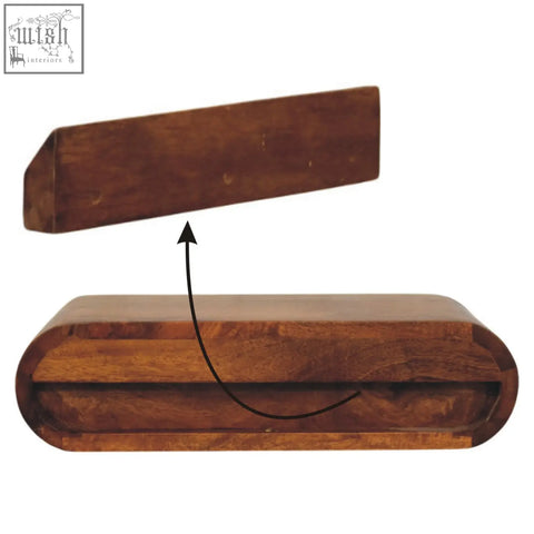 A warm-toned solis wall mounted bedside table made of natural mango wood with rounded edges and smooth finish