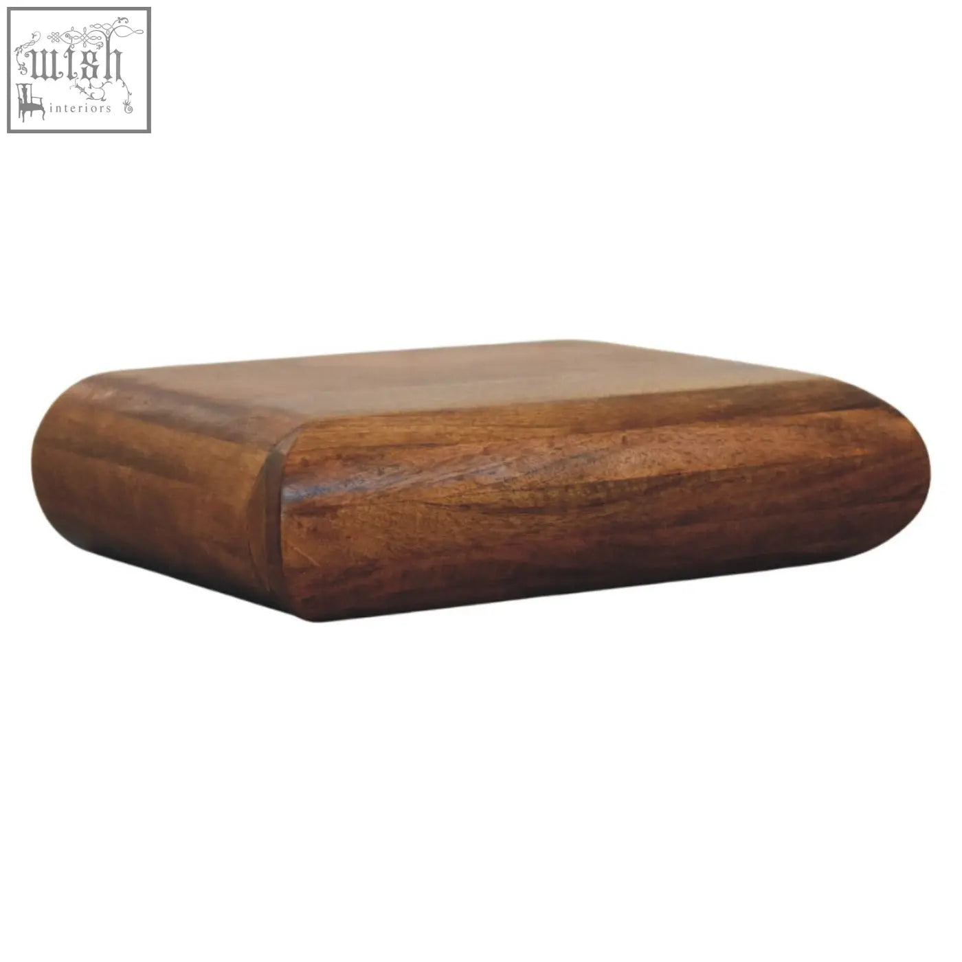 A solis wall mounted bedside table in natural mango wood with a smooth rounded rectangular brown finish
