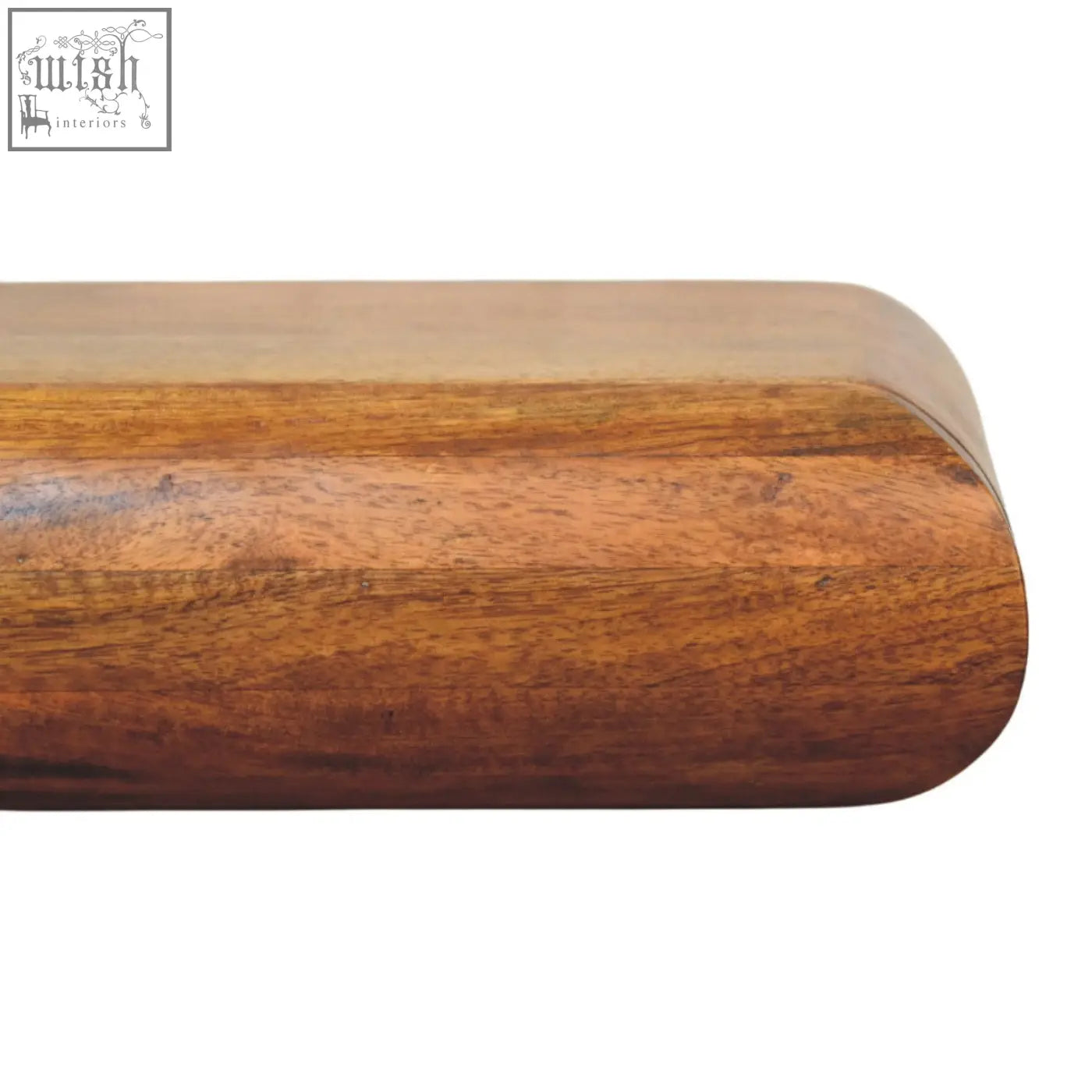 Smooth rounded wooden handle with warm brown finish and natural mango wood grain on solis wall mounted bedside table