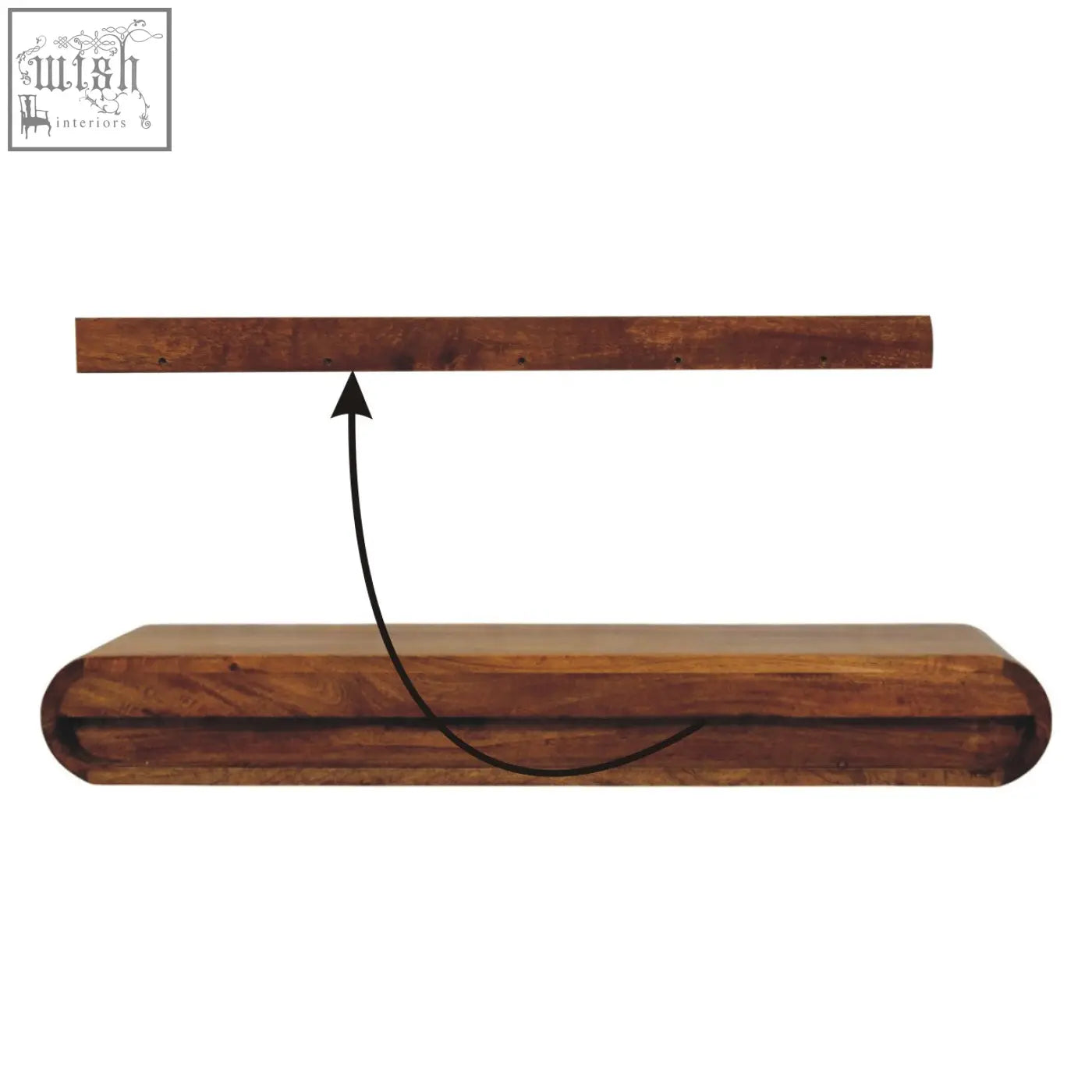 Dark brown natural mango wood floating shelf with curved lower edge and visible grain from solis console chest of drawers