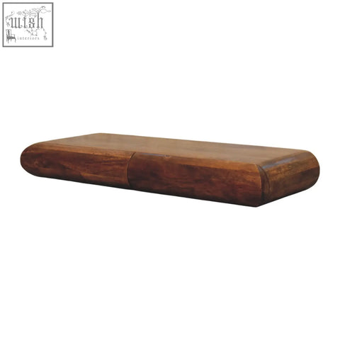 A sleek dark brown usb drive made of natural mango wood with smooth rounded design for solis console chest drawers