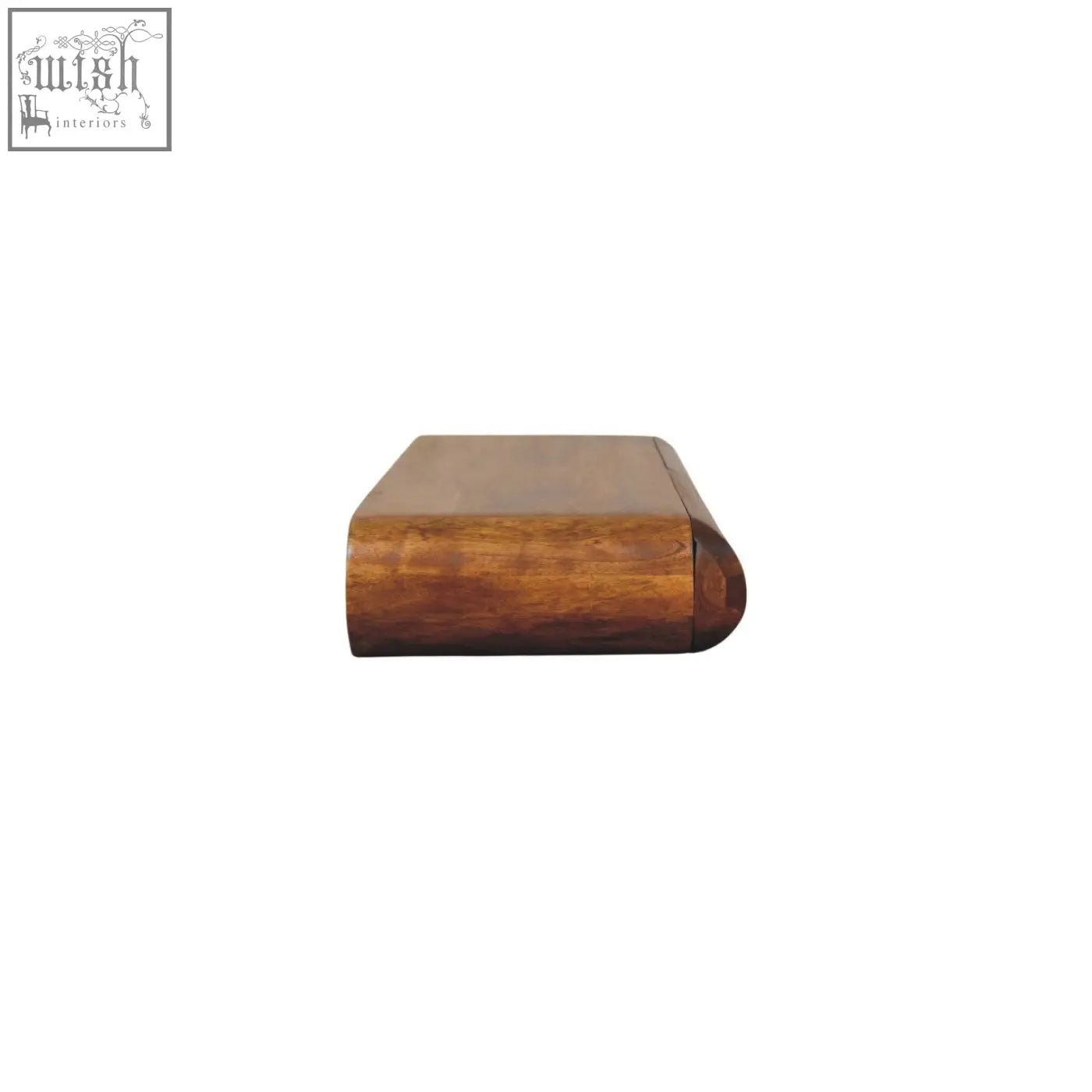 A sleek rectangular solis wall-mounted console chest of drawers made of natural mango wood with rounded edges and polished finish