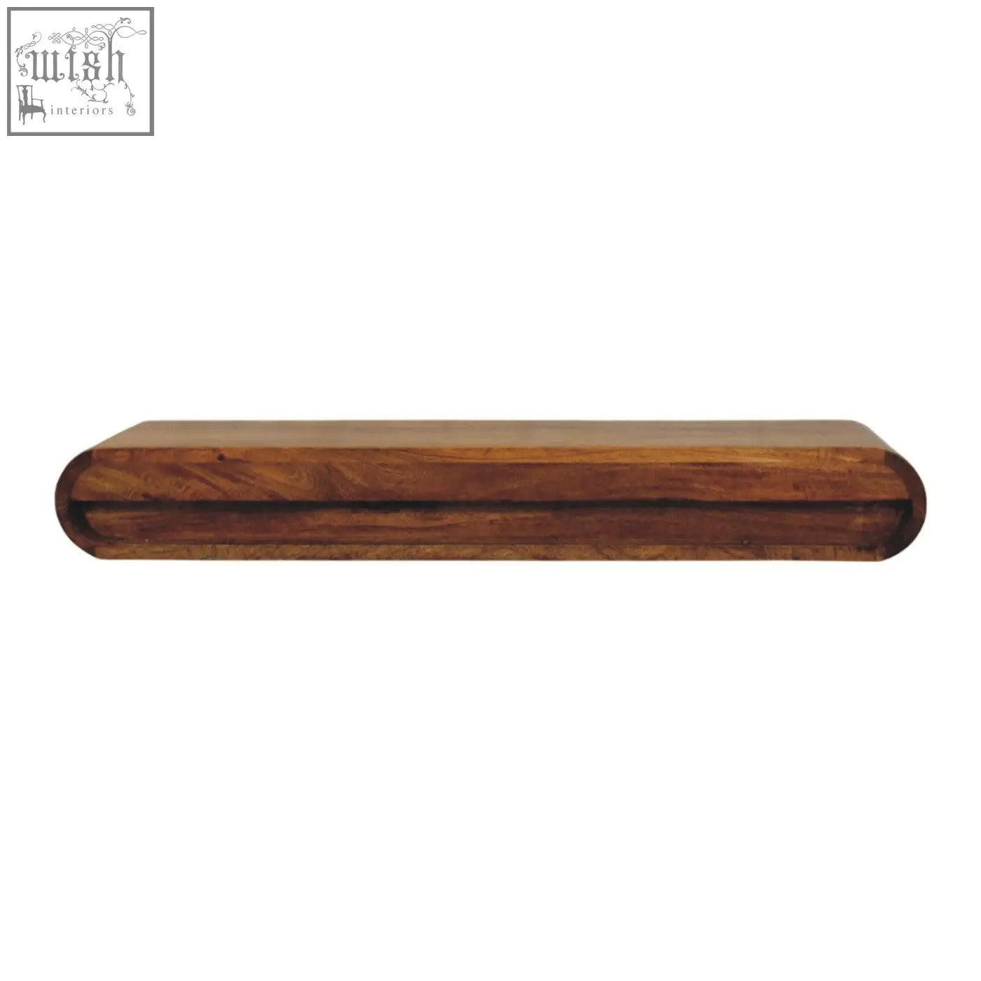 A sleek oval solis wall-mounted console chest of drawers in warm brown natural mango wood with visible grain