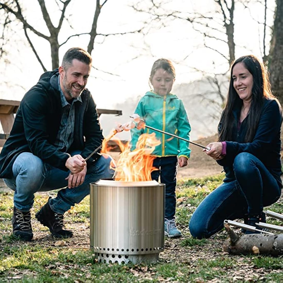 Silver stainless steel solo stove ranger camping stove with perforated base and stand for low smoke outdoor fire pits