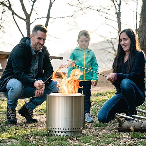 Silver stainless steel solo stove ranger camping stove with perforated base and stand for low smoke outdoor fire pits
