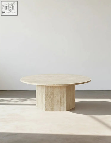 Beige stone solveig marble round coffee table with a round top and hexagonal base perfect for any living room