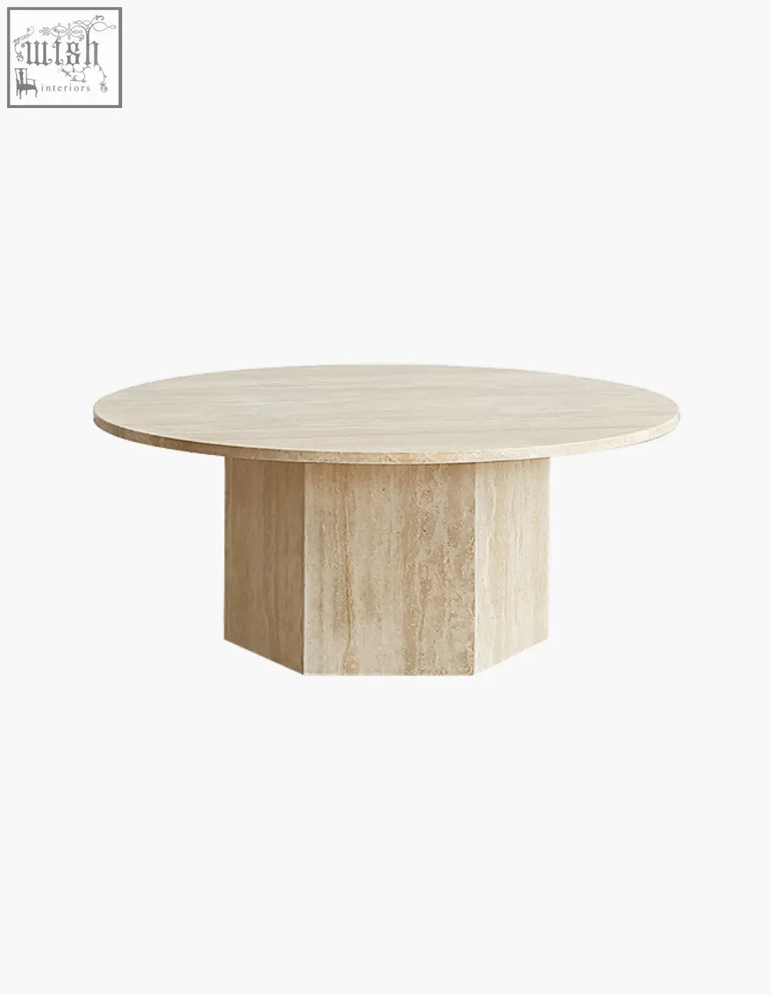 Beige stone coffee table solveig marble round with circular top and hexagonal base perfect for stylish living rooms