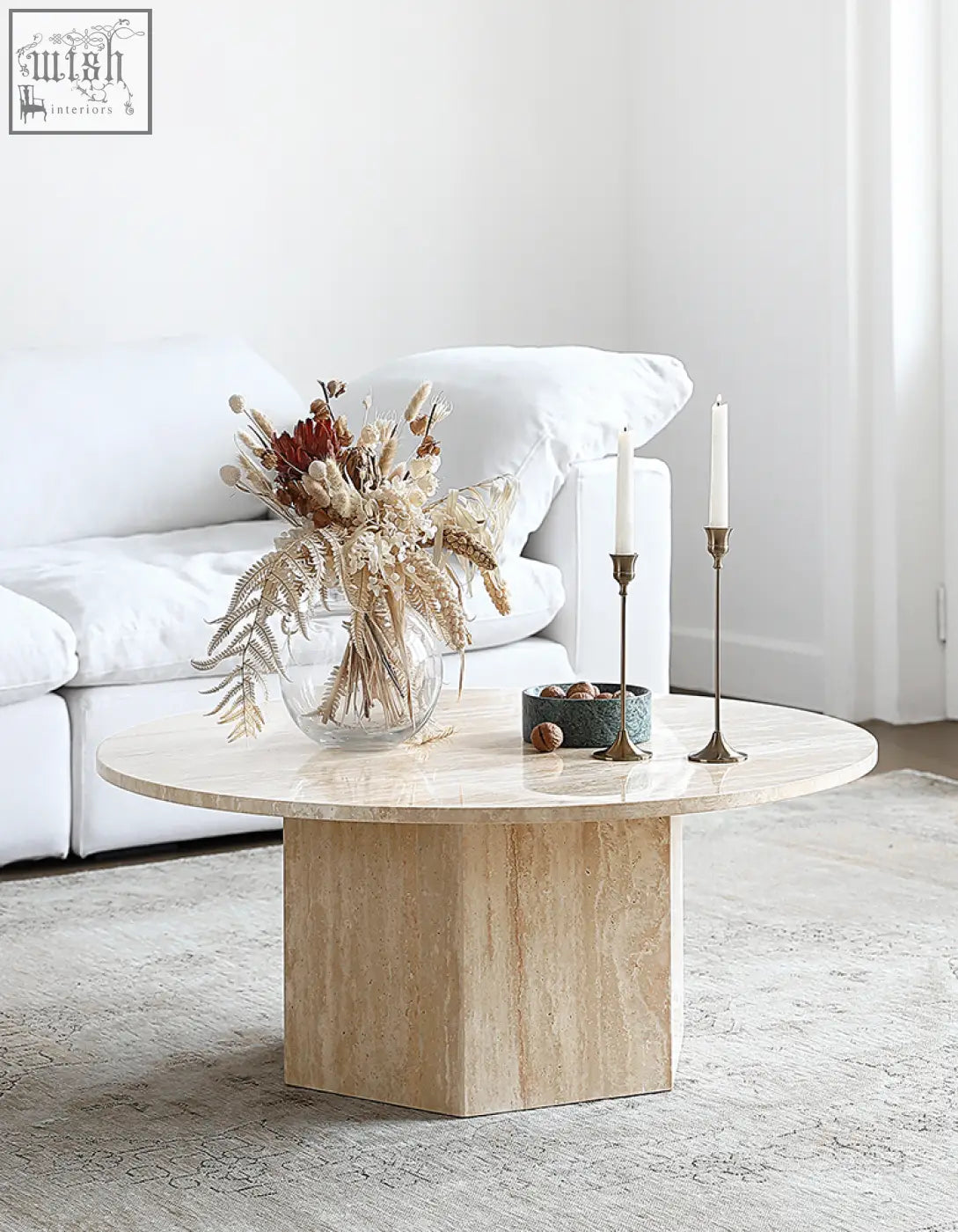 Beige stone solveig marble round coffee table with hexagonal base and smooth rounded top for stylish living room