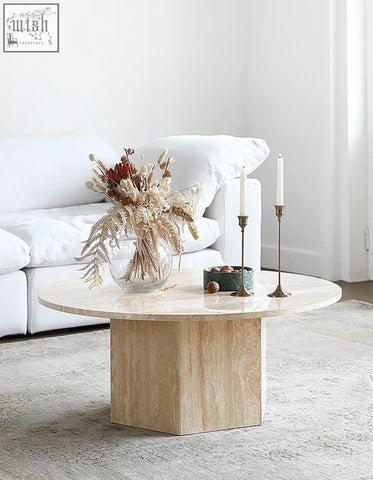 Beige stone solveig marble round coffee table with hexagonal base and smooth rounded top for stylish living room