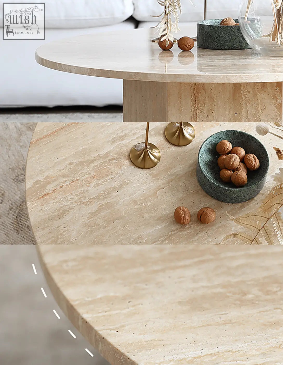 Beige stone solveig marble round coffee table with smooth polished surface and subtle veining perfect for living room