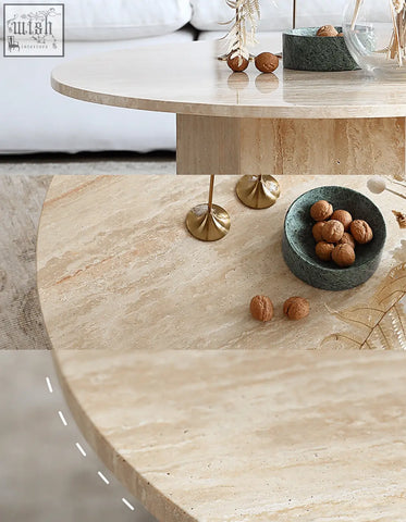Beige stone solveig marble round coffee table with smooth polished surface and subtle veining perfect for living room