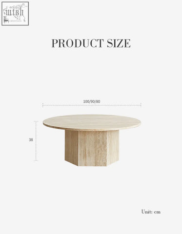 Minimalist solveig marble round coffee table with light wood finish and hexagonal base perfect for stylish living rooms