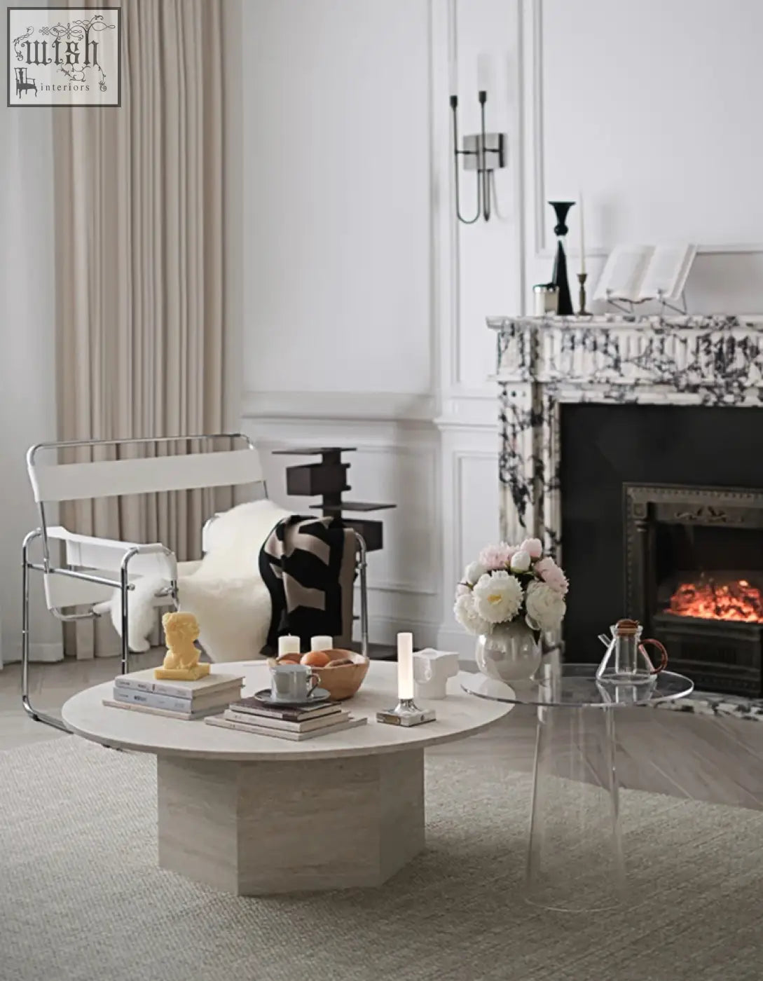 Solveig marble round coffee table with a sleek light beige marble top and matching hexagonal base perfect for any space