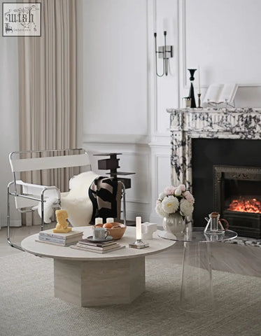 Solveig marble round coffee table with a sleek light beige marble top and matching hexagonal base perfect for any space