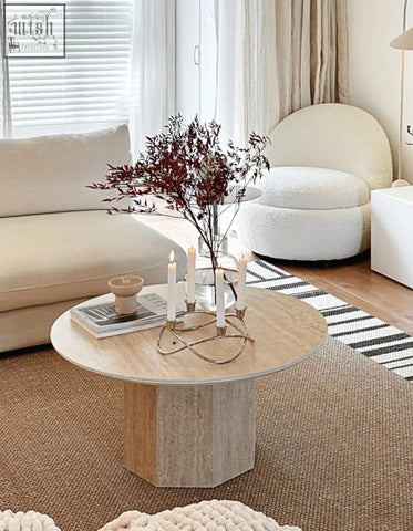 Round wooden coffee table with hexagonal marble base and light wood top solveig marble round with low shipping cost