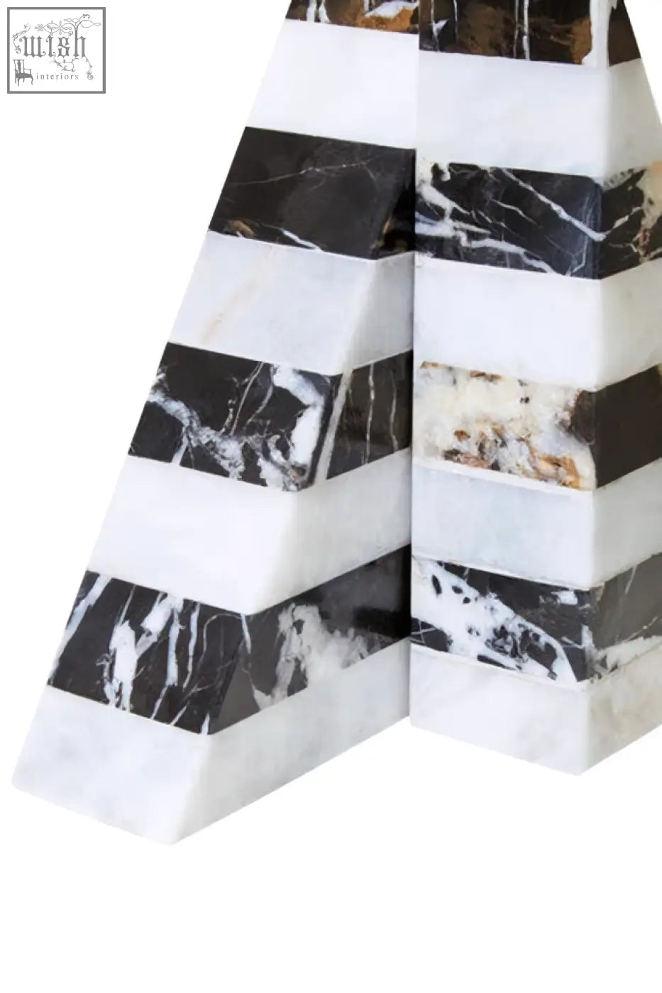Soma set of two black and white striped marble bookends featuring white striped marble for stylish shelf support