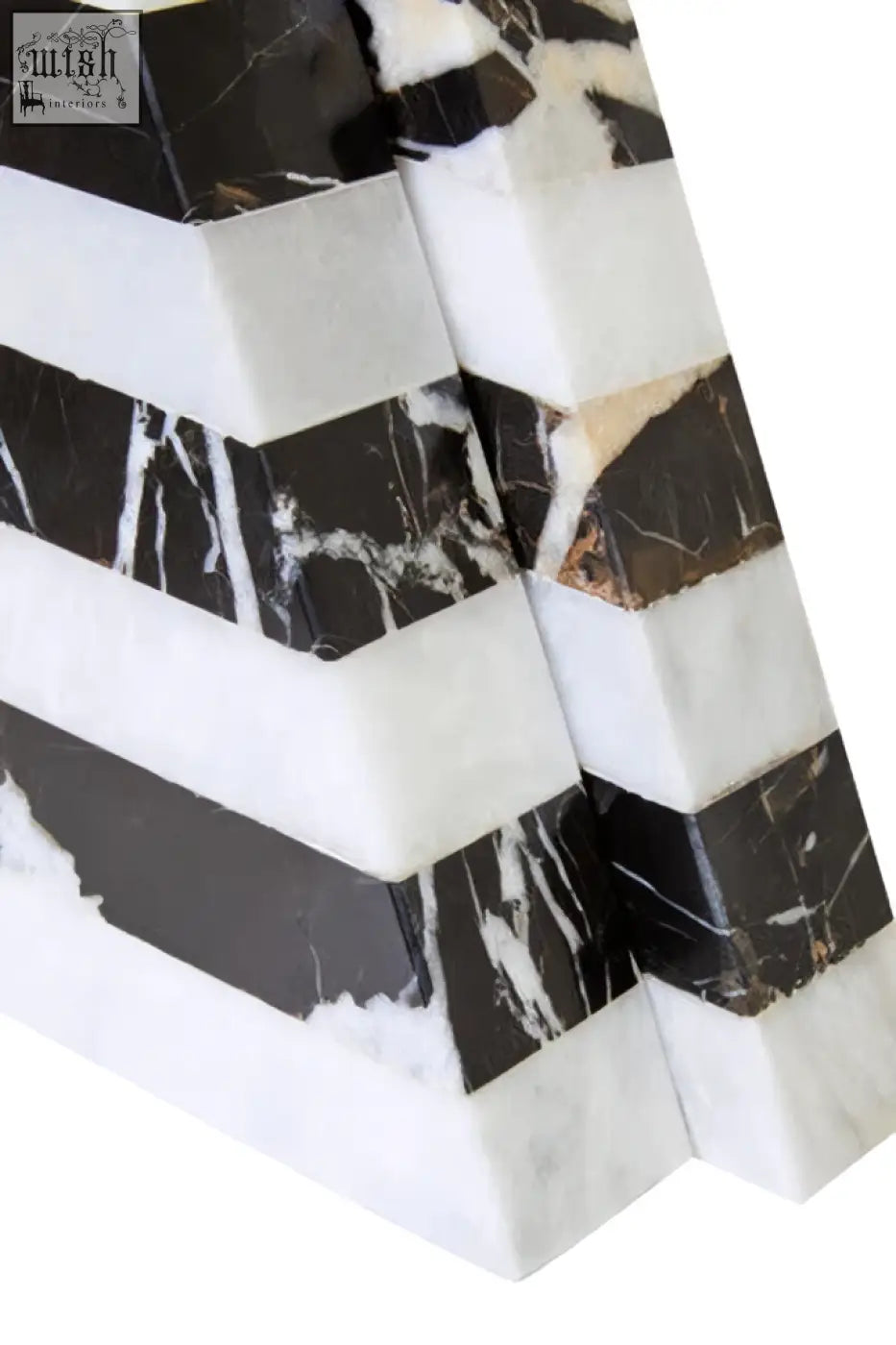 Soma set of two black and white striped marble bookends with sleek white striped marble design for stylish shelf support