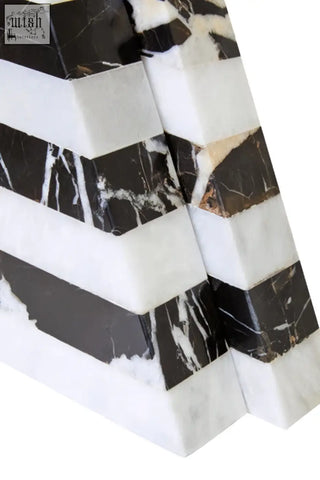Soma set of two black and white striped marble bookends with sleek white striped marble design for stylish shelf support