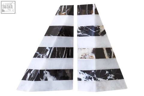 Soma set of two black and white striped marble bookends with a bold white striped marble pattern perfect for holding books