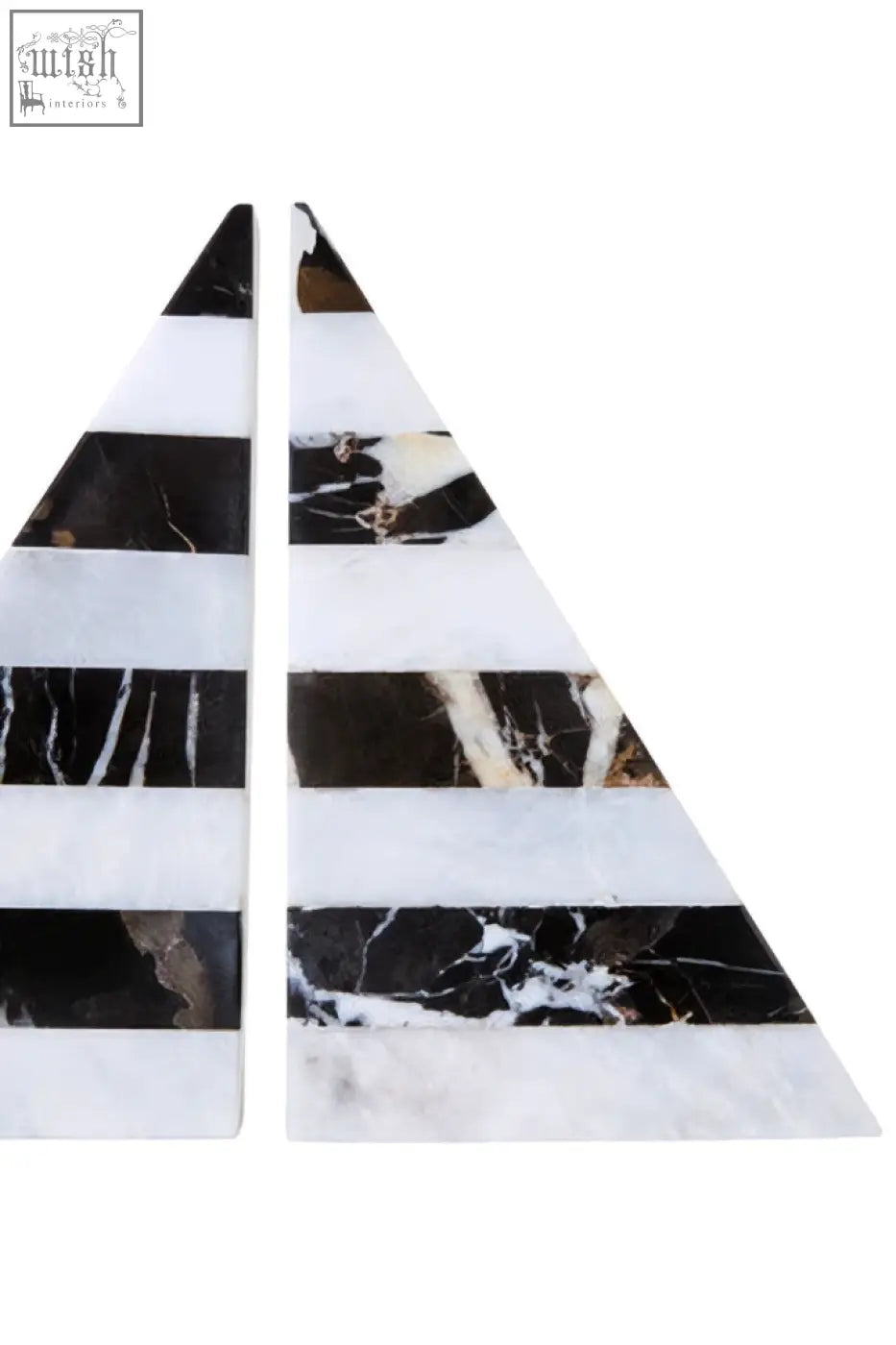 Black and white striped marble bookends in triangle shape from soma set perfect for stylish bookshelf decor
