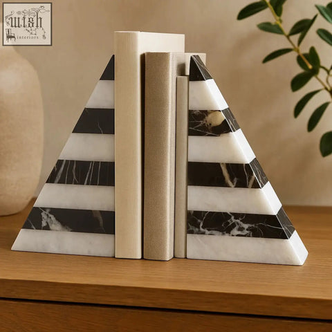 Soma set of two black and white striped marble bookends with sleek triangle design for stylish home organization