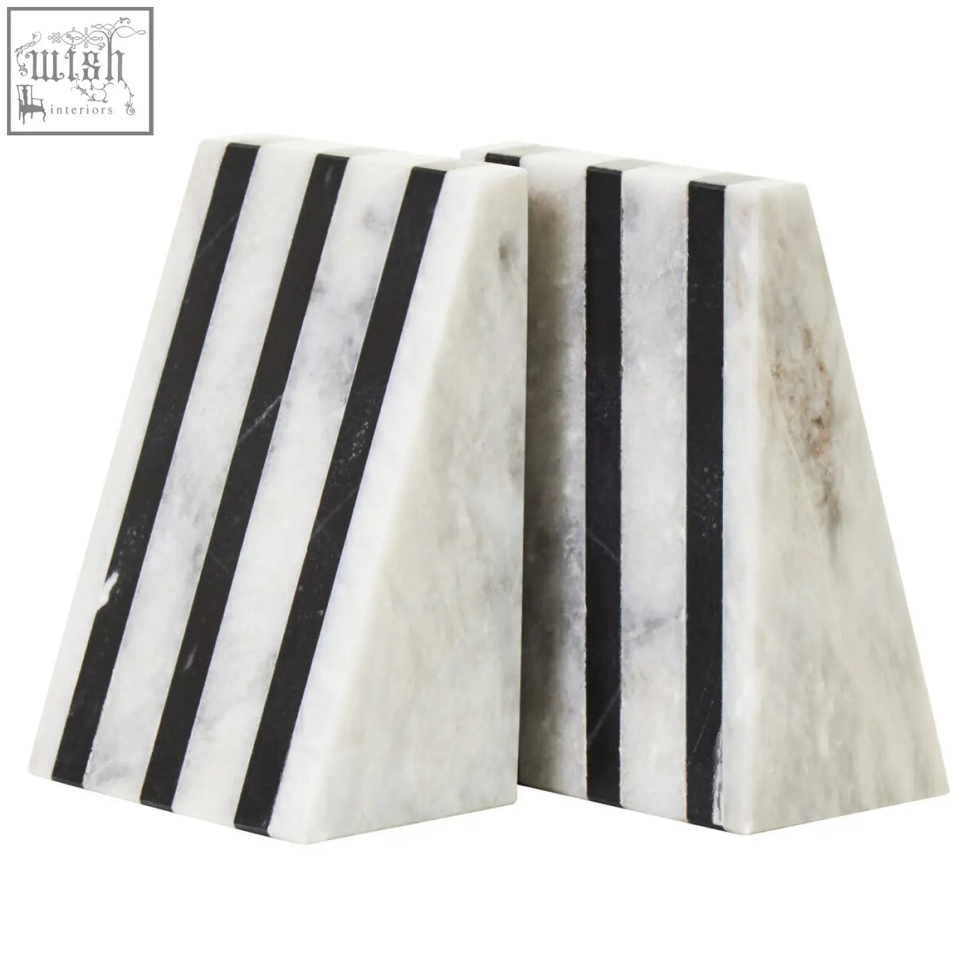 Soma set of two white marble bookends with bold black vertical stripes for stylish shelf support