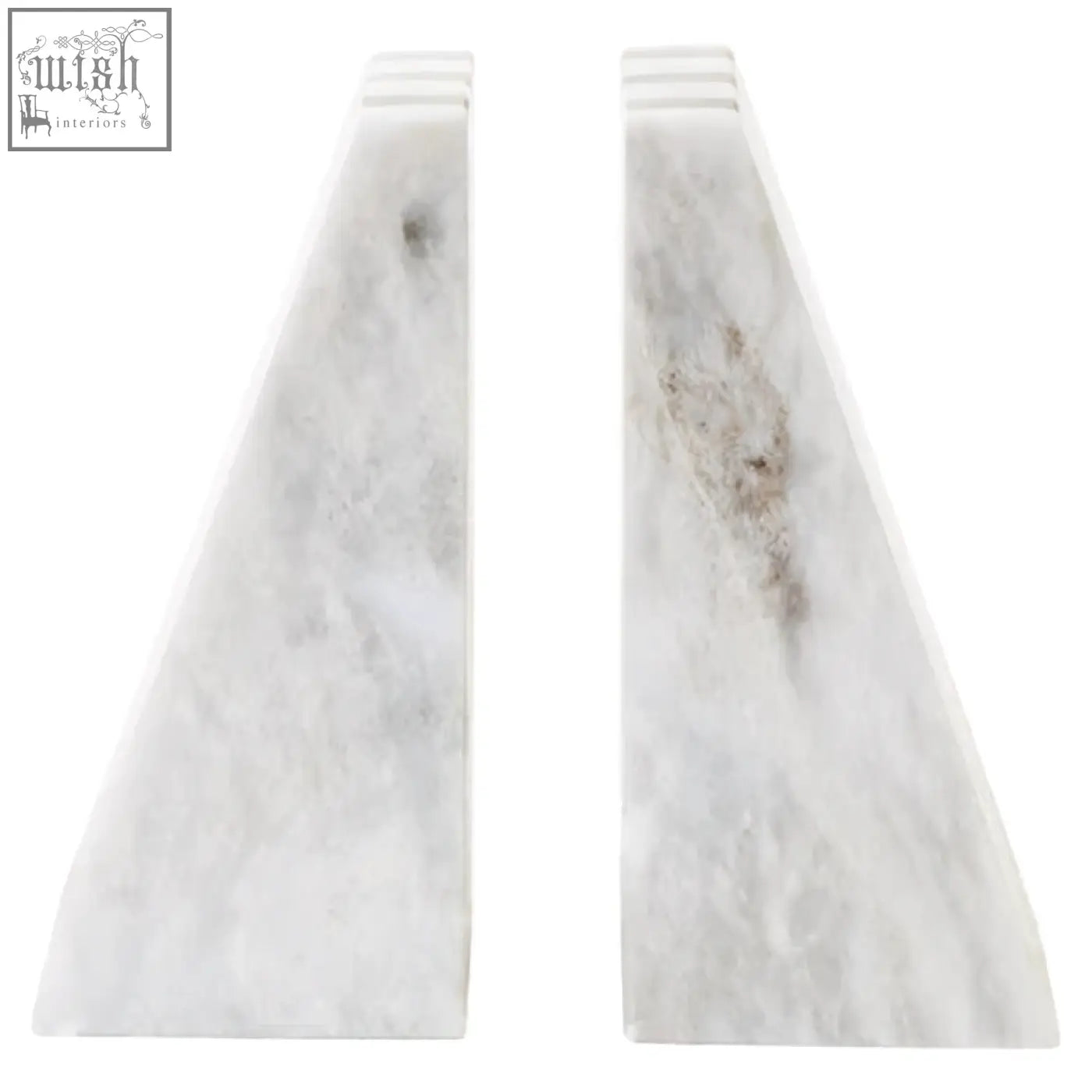 Soma set of two striped white marble bookends with subtle gray and brown veining perfect for holding books