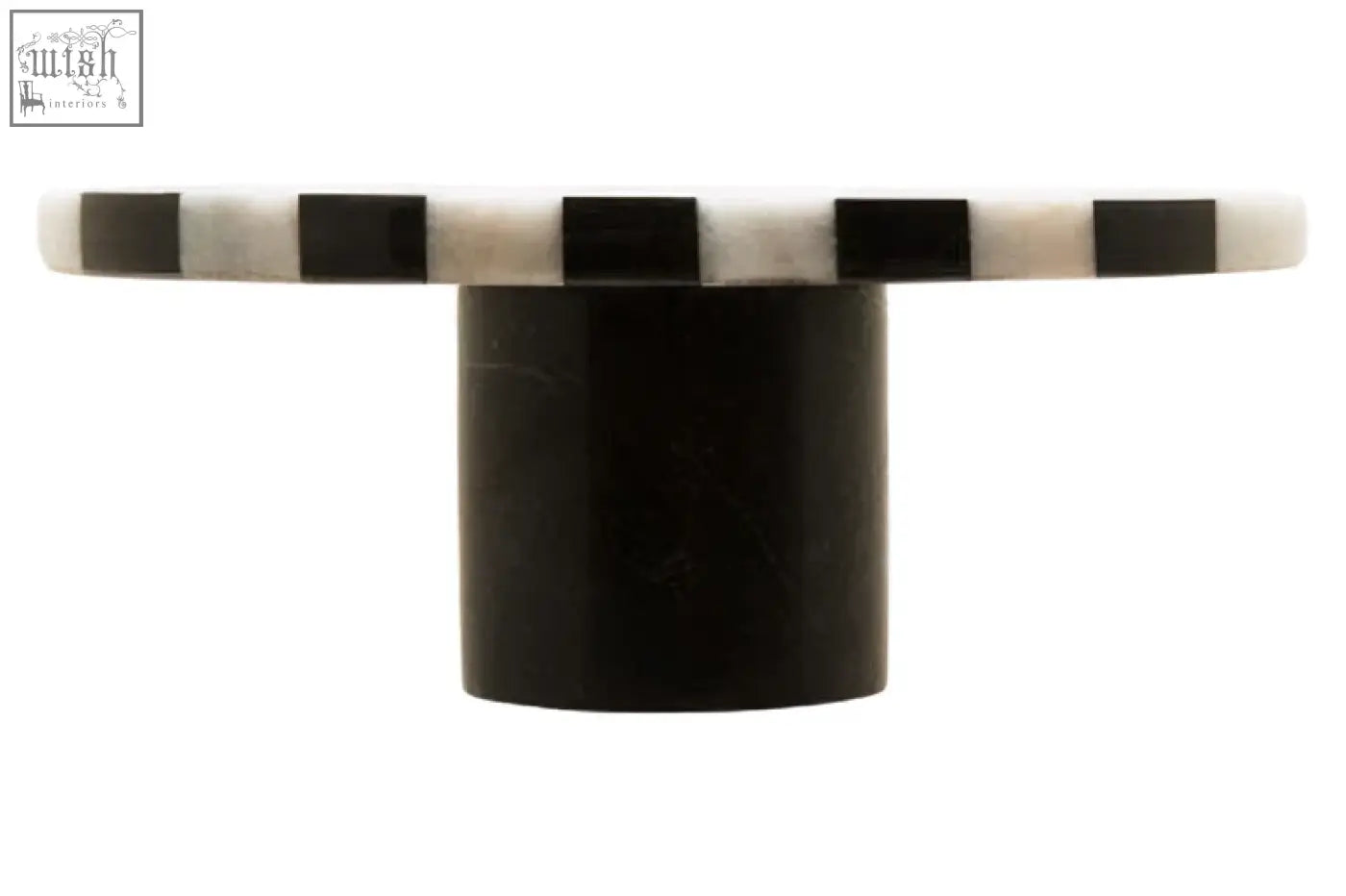 Black and white checkered bone inlay knob on cylindrical black base for soma small white marble round cake stand