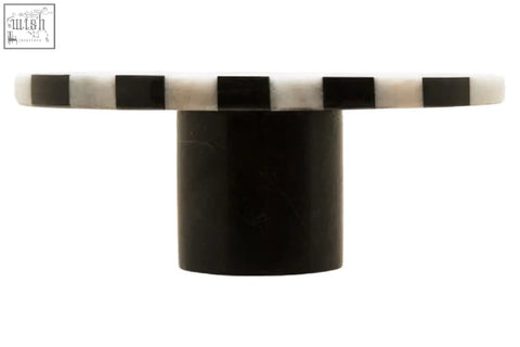 Black and white checkered bone inlay knob on cylindrical black base for soma small white marble round cake stand