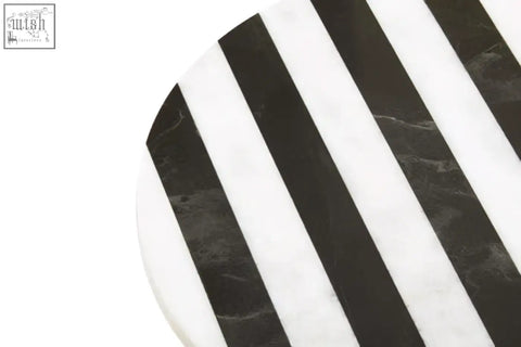 Soma small black and white marble round cake stand with bold black and white vertical stripes on white marble round tray