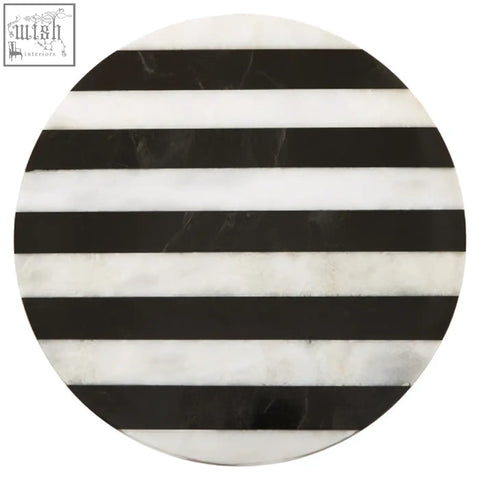 Circular soma small black and white marble round cake stand with alternating black and white marble stripes