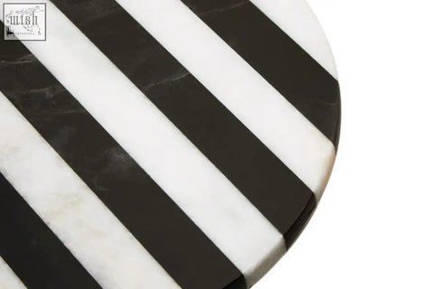 Circular soma small black and white marble round cake stand with alternating black and white marble stripes
