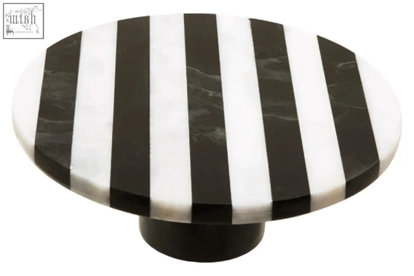 Black and white striped marble knob on soma small white marble round cake stand with sleek circular design